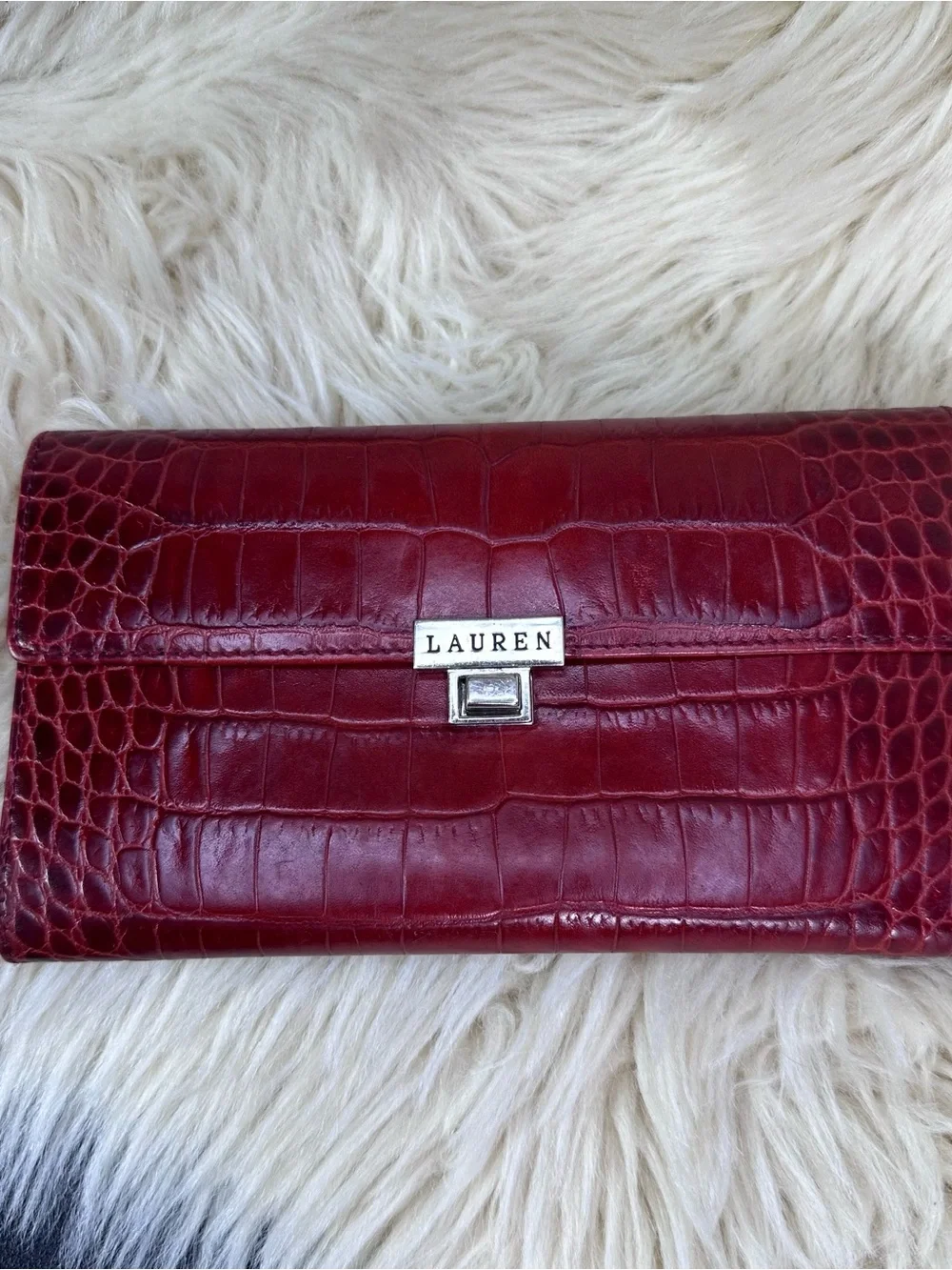 Lauren Ralph Lauren Burgundy Croc-Embossed Wallet with Silver Logo